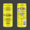 Two yellow Manuka Phuel energy drink cans on a white background
